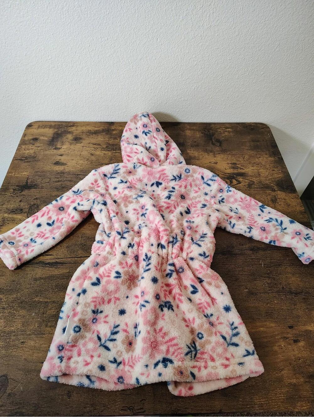 Tahari 24 Mo Baby Girl Todler Pink Floral Bath Robe Hooded Tie String - Picture 3 of 4